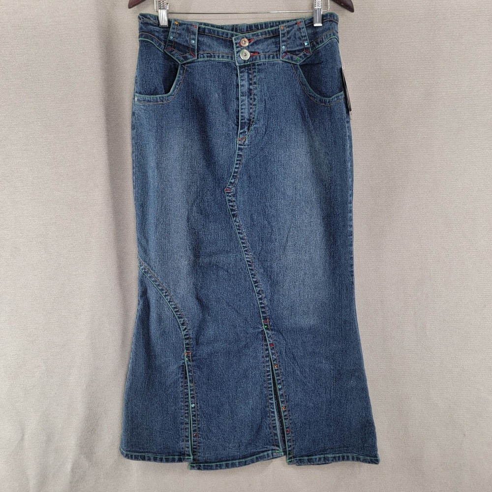Vezucci Womens Skirt Vtg Y2K Rhinestone Denim Slit Midi Medium Wash NEW Size 12